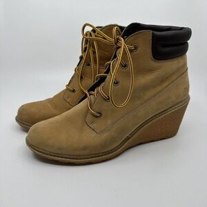 TIMBERLAND EARTHKEEPERS Womens 9.5 AMSTON WEDGE‎ BOOTIE Lace Up Tan